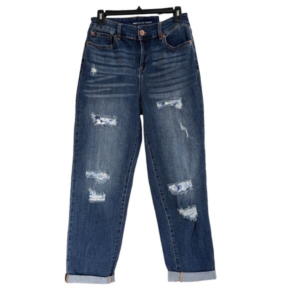 INC SZ 2/26 Boyfriend Cuffed Jeans Mid-Rise Stretch Distressed Patches Blue New - Picture 1 of 10